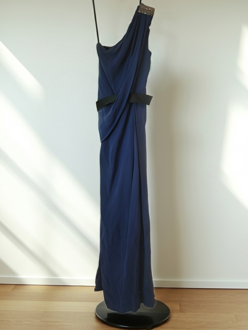 Carolina Herrera 100% Silk One-Shoulder Gown Midnight Blue with Crystal Accent